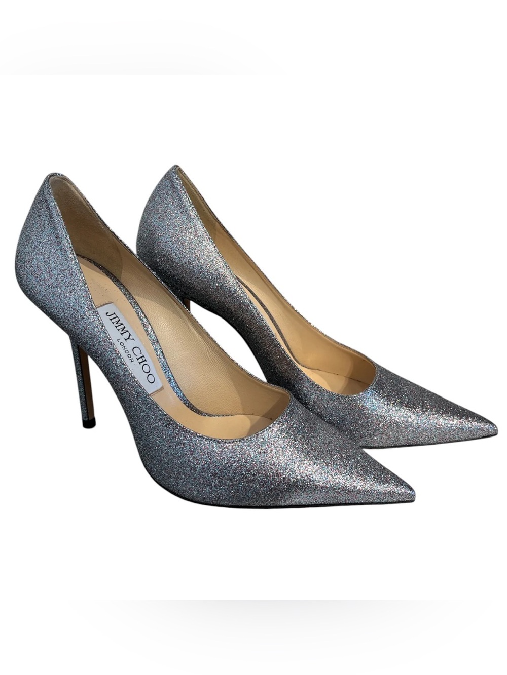 Jimmy Choo Silver Glitter Pointed Pumps with Stiletto Heel